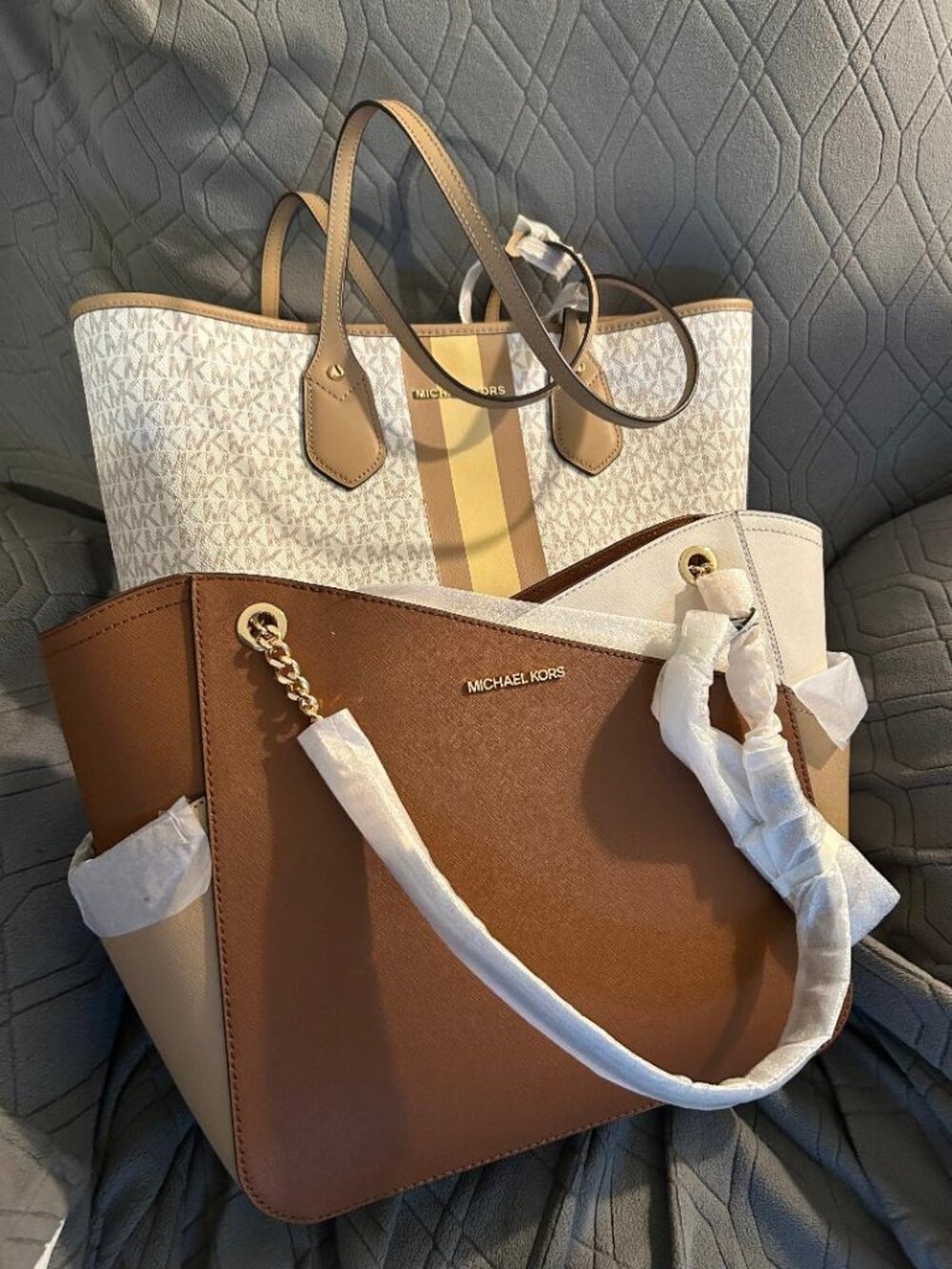 Michael Kors XL Chain Jet Set Brown Travel Tote & Eva Tote Lot NWT